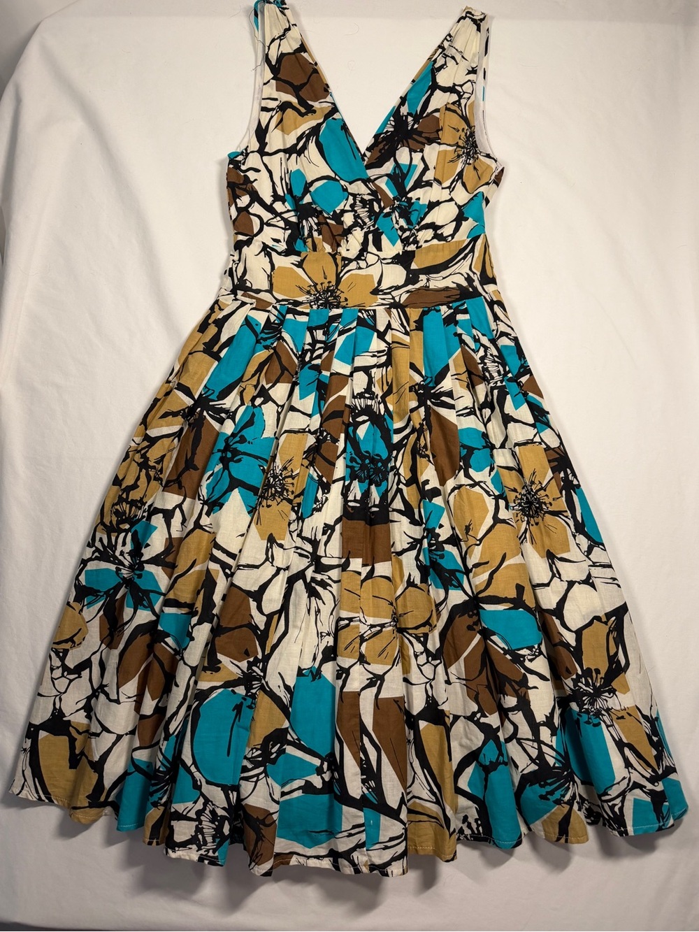 Aryeh W Small Teal Brown Ivory Floral V-Neck Midi Dress